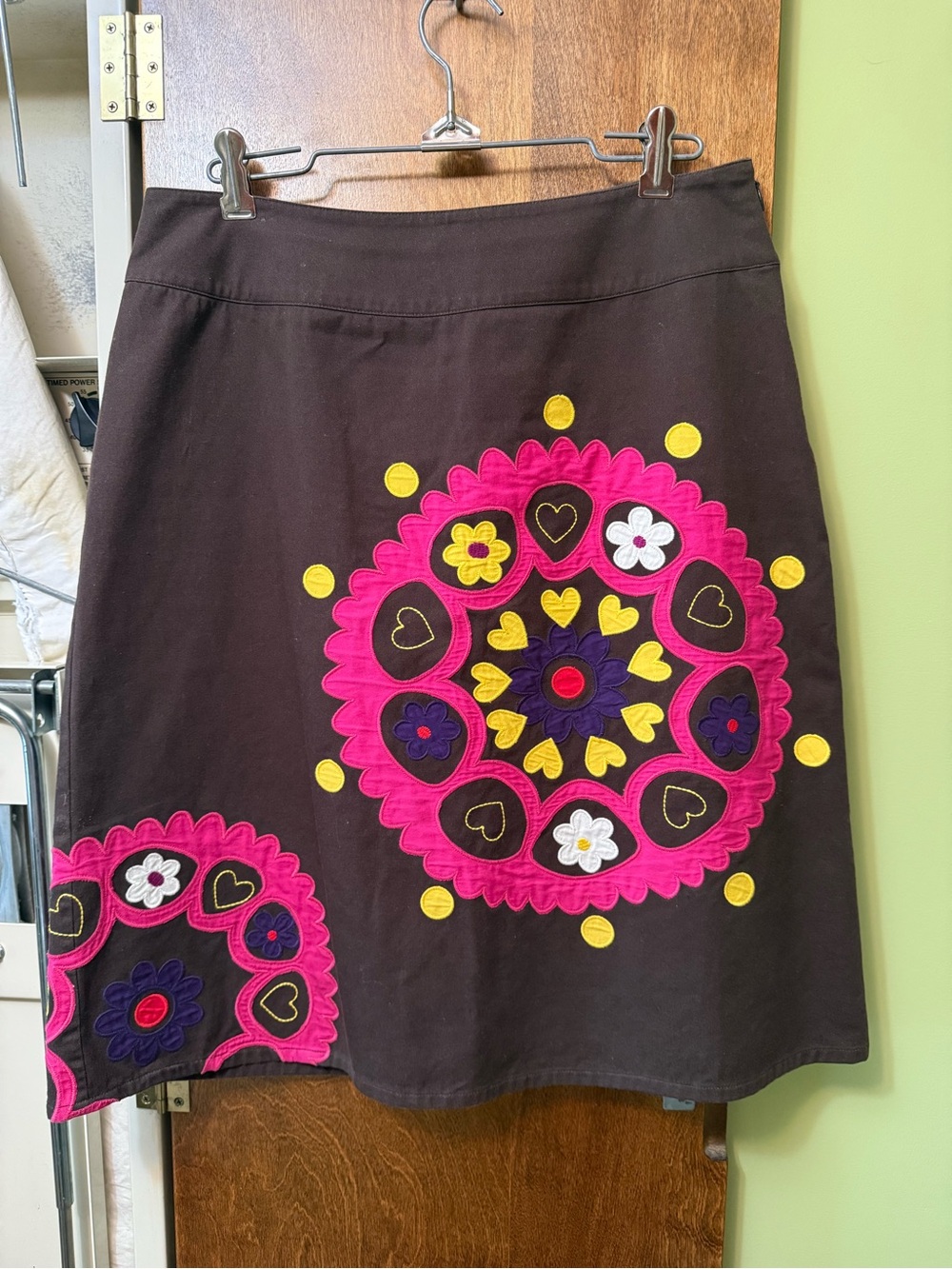 BODEN Brown A-line Skirt with Pink & Yellow Embroidered Medallions